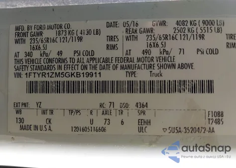 2016 Ford Transit-250 from USA, damaged, VIN 1FTYR1ZM5GKB19911